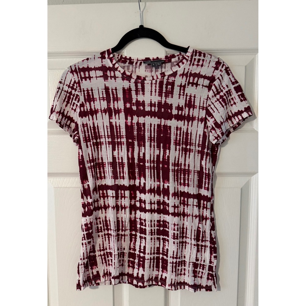 Vince Pima Cotton Modal Print Women's S Crew Neck Tee Burgundy White Soft NEW